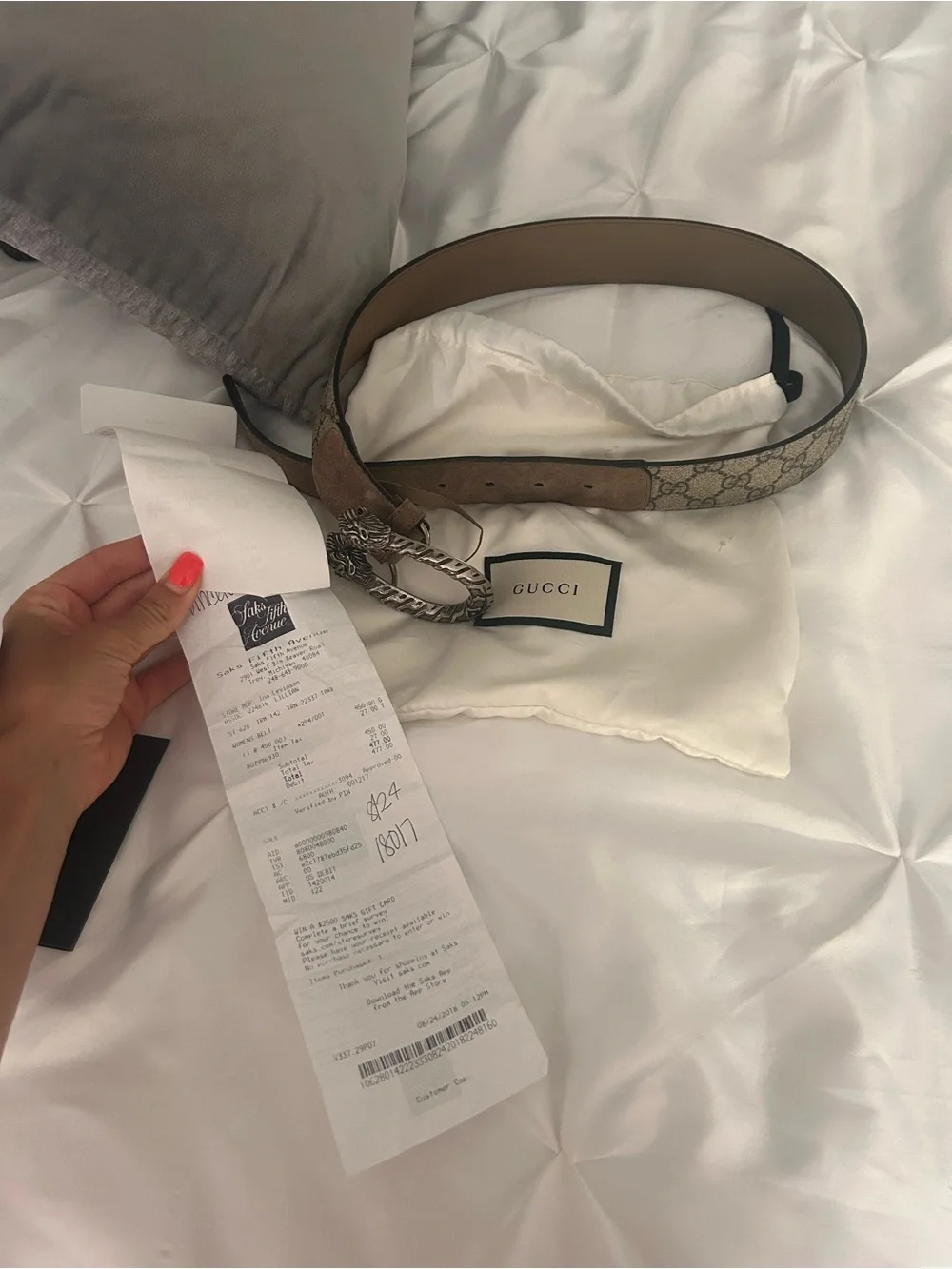 Gucci beige GG canvas belt with tan trim and silver chain buckle